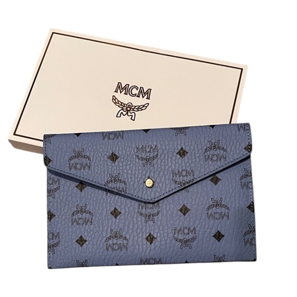 MCM Visetos Leather Envelope Clutch Blue - NIB - Picture 1 of 4